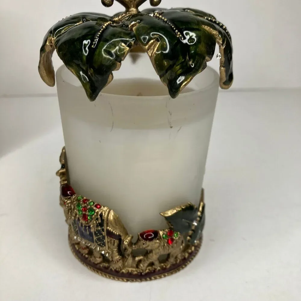 Cloisonné Hand Painted Enamel Bougie Safari Candle Holder Elephants Bombay NEW